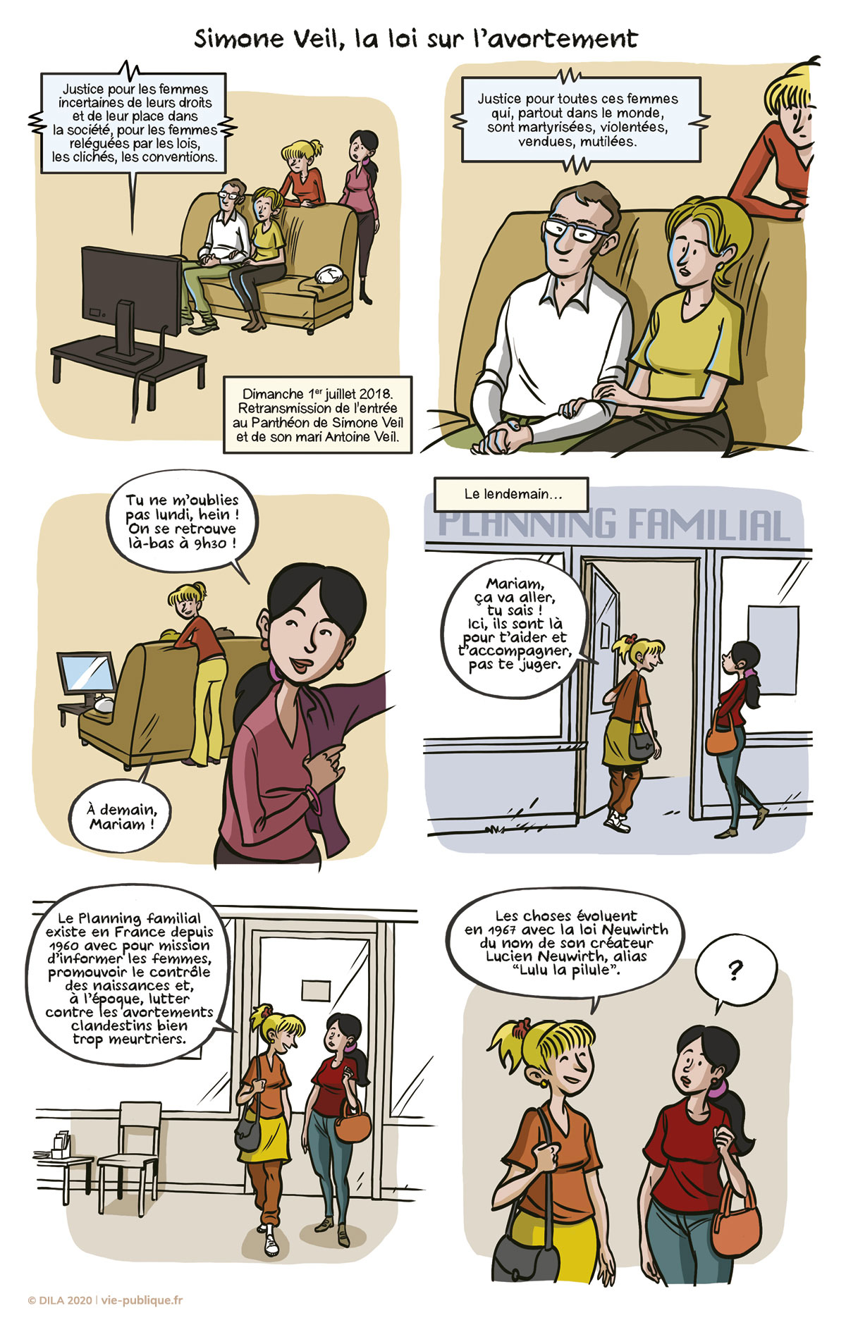 Planche 1 de la BD  "Simone Veil : la loi sur l'avortement. Episode 1 