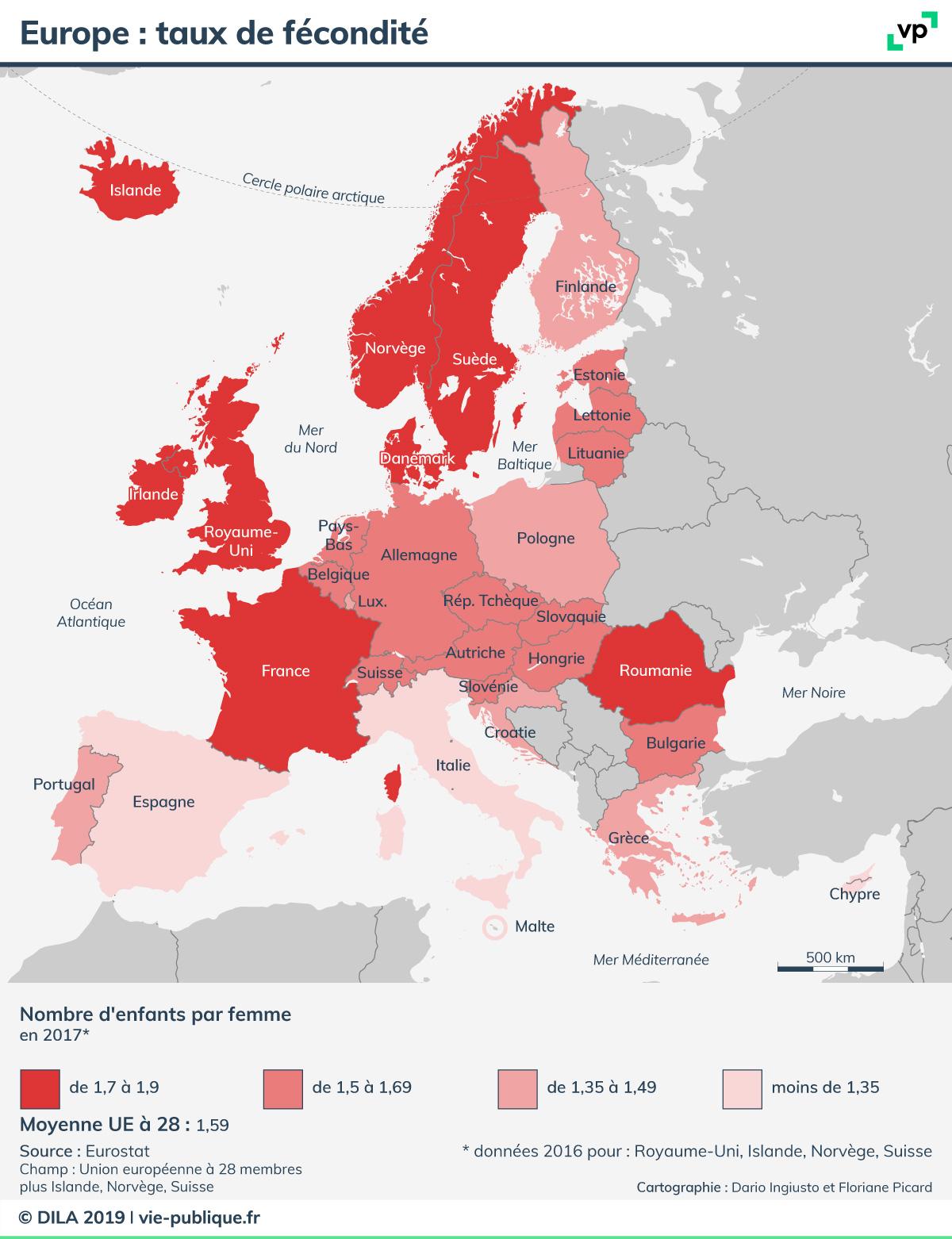 Carte du taux de fécondité en Europe en 2017. Description de la carte ci-dessous 