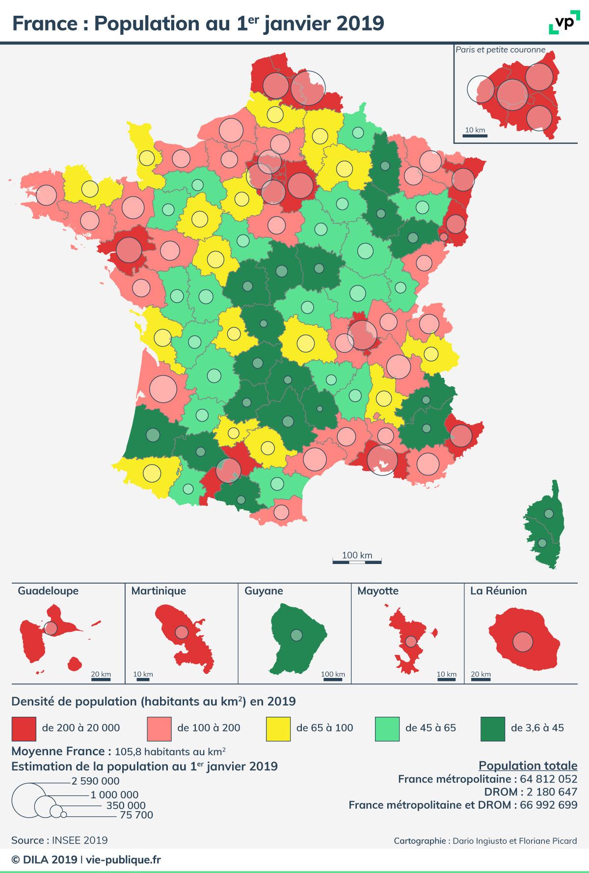 Carte de la population française et de la densité de population en 2019. Description de la carte ci-dessous 