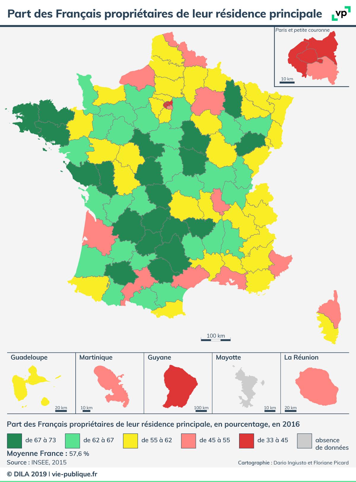 Carte de la part de Français propriétaires de leur résidence pricnipale en 2016. Description de la carte ci-dessous 