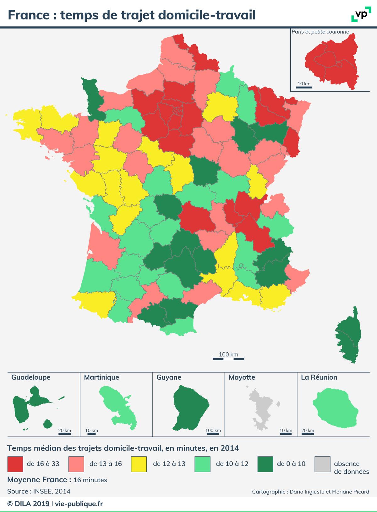 Carte présentant les temps de trajet domicile-travail en France. Description de la carte ci-dessous 