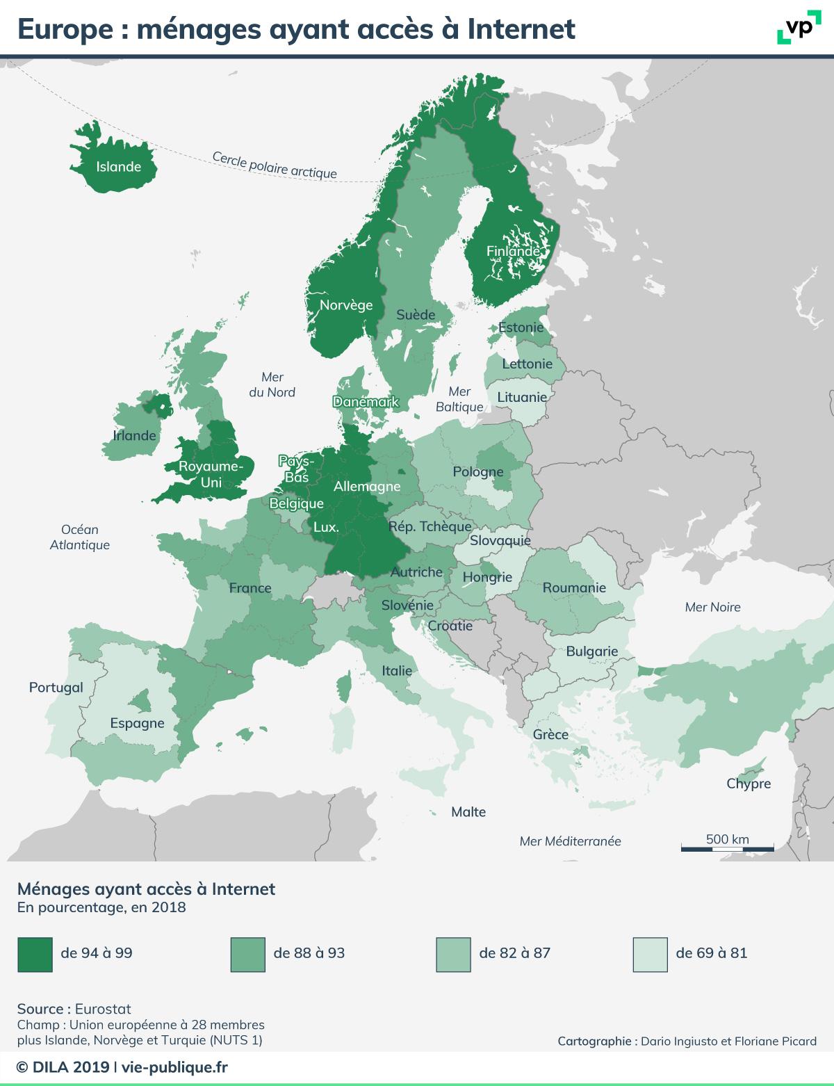 Carte de l'accès à Internet dans les ménages en Europe en 2018. Description de la carte ci-dessous 