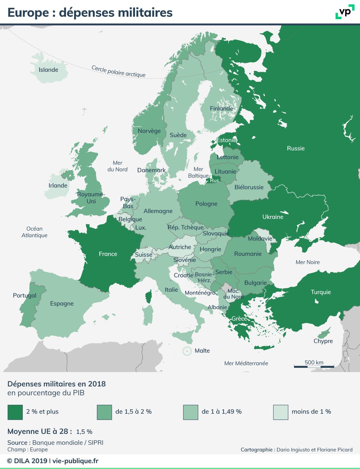 Carte des dépenses militaires en Europe en 2018. Description de la carte ci-dessous
