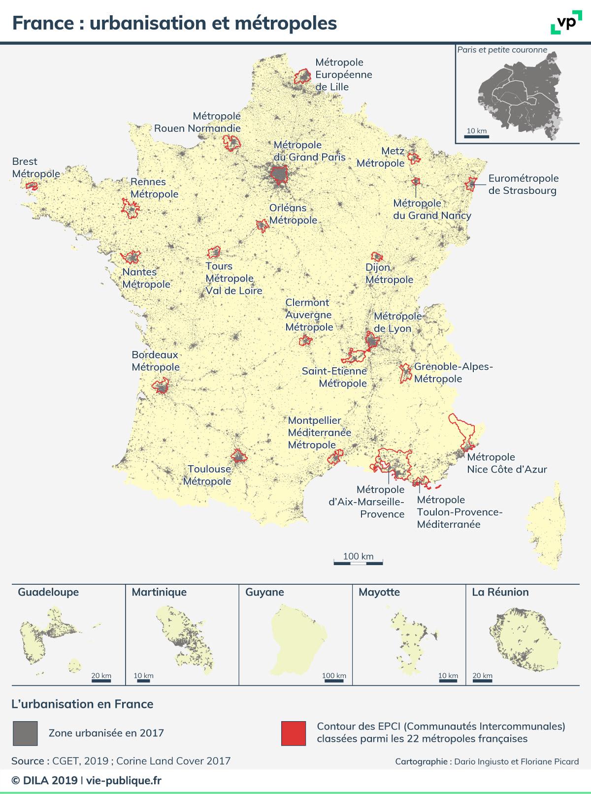 Carte de l'urbanisation en France et des 22 métropoles (EPCI)