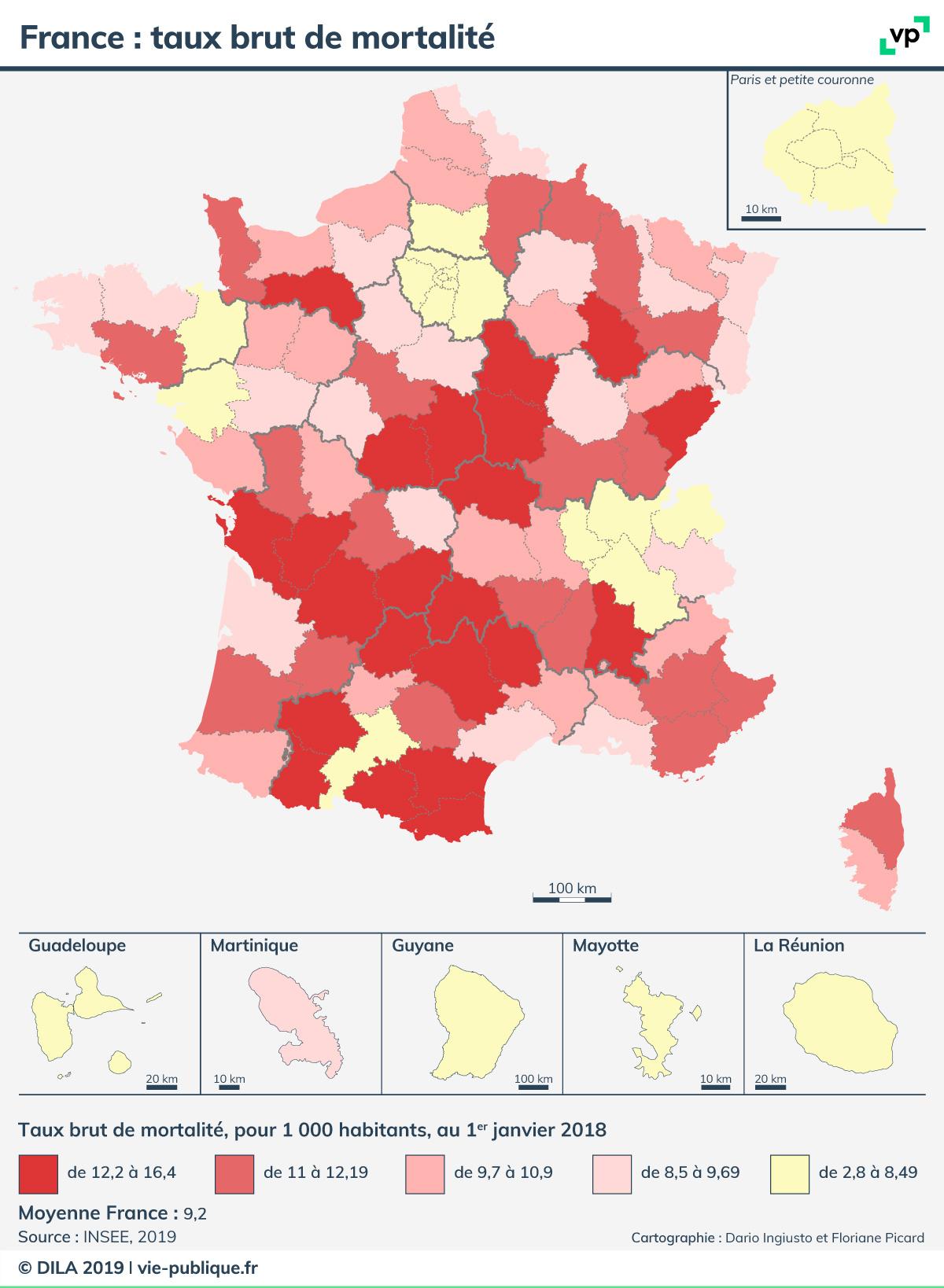 Carte de France : taux brut de mortalité 2018. Descriptif de la carte ci-dessous