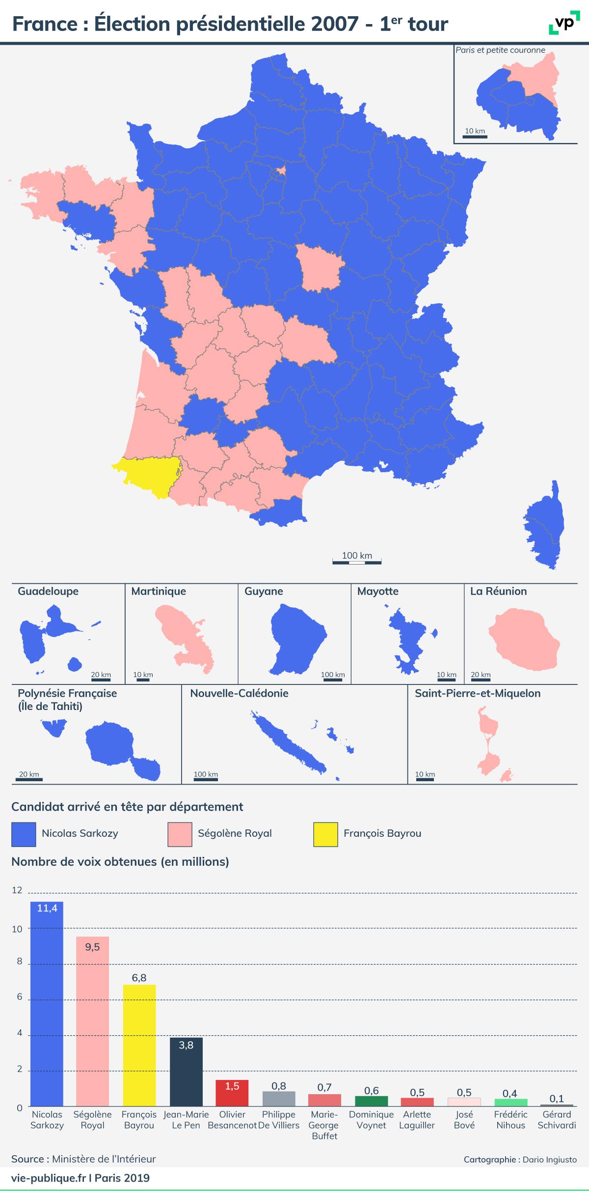 Carte de France : Élection présidentielle 2007 - premier tour. Description de la carte ci-dessous