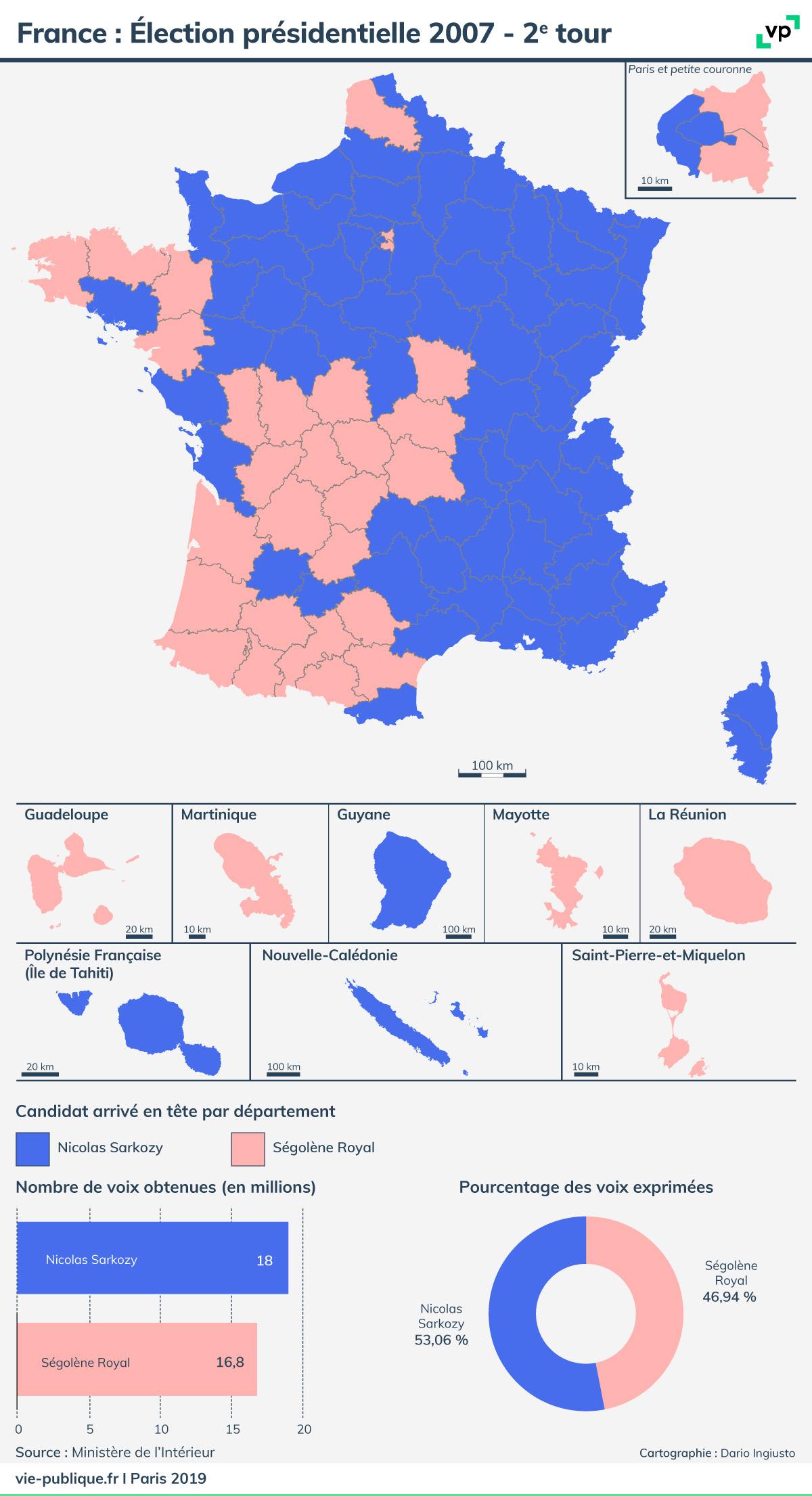 Carte de France : Élection présidentielle 2007 - deuxième tour. Description de la carte ci-dessous