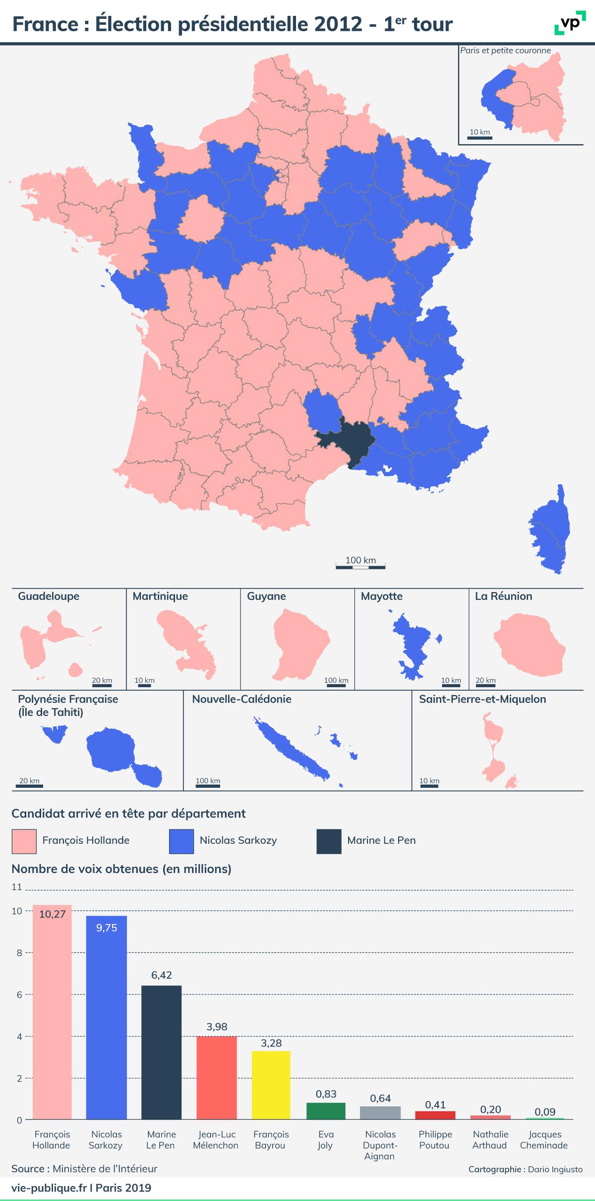 Carte de France : Élection présidentielle 2012 - premier tour. Description de la carte ci-dessous