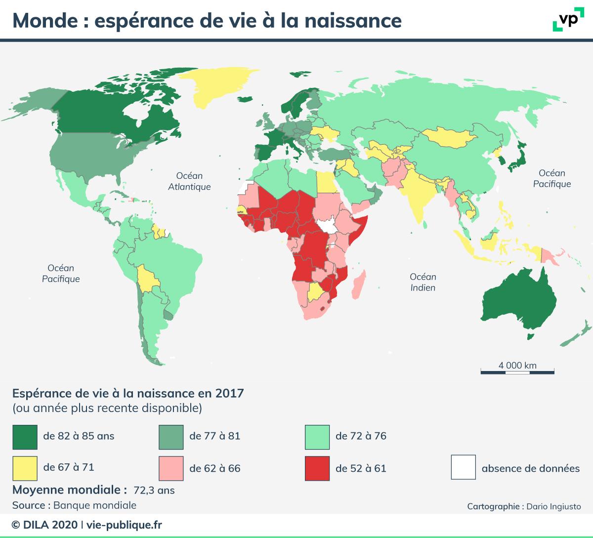 Carte du monde : espérance de vie à la naissance en 2017. Description de la carte ci-dessous