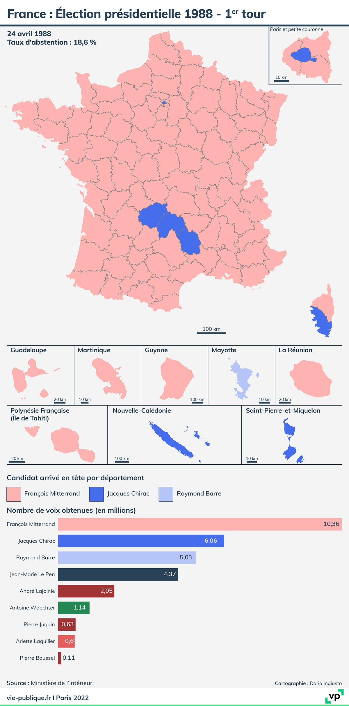 Carte des résultats du premier tour de l'élection présidentielle 1988 dans les départements