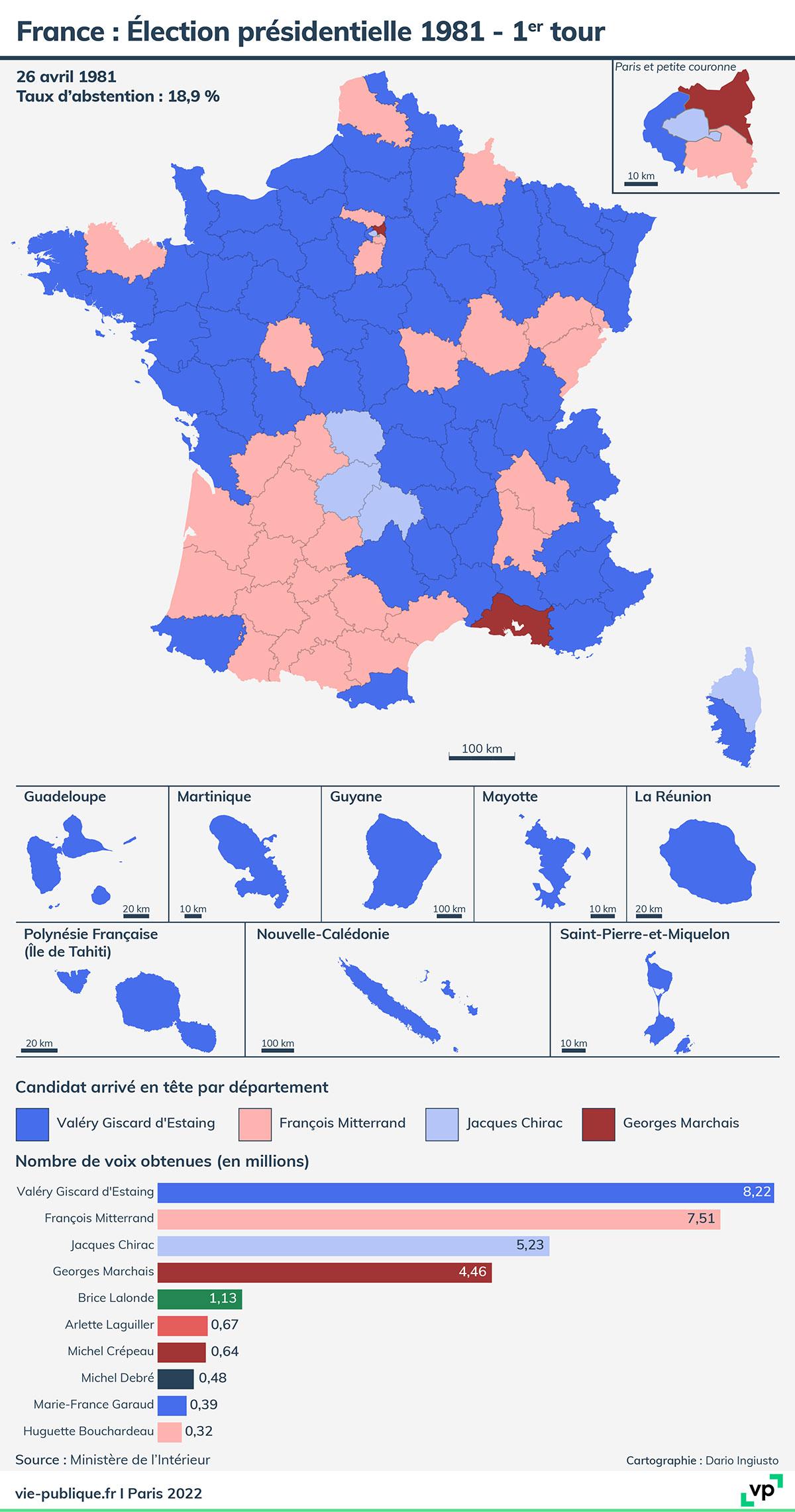 Carte des résultats du premier tour de l'élection présidentielle 1981 dans les départements