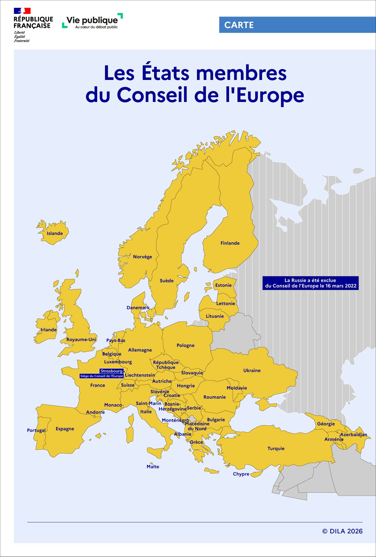 Visualisation des 46 États membres et du siège du Conseil de l'Europe sur une carte européenne. 