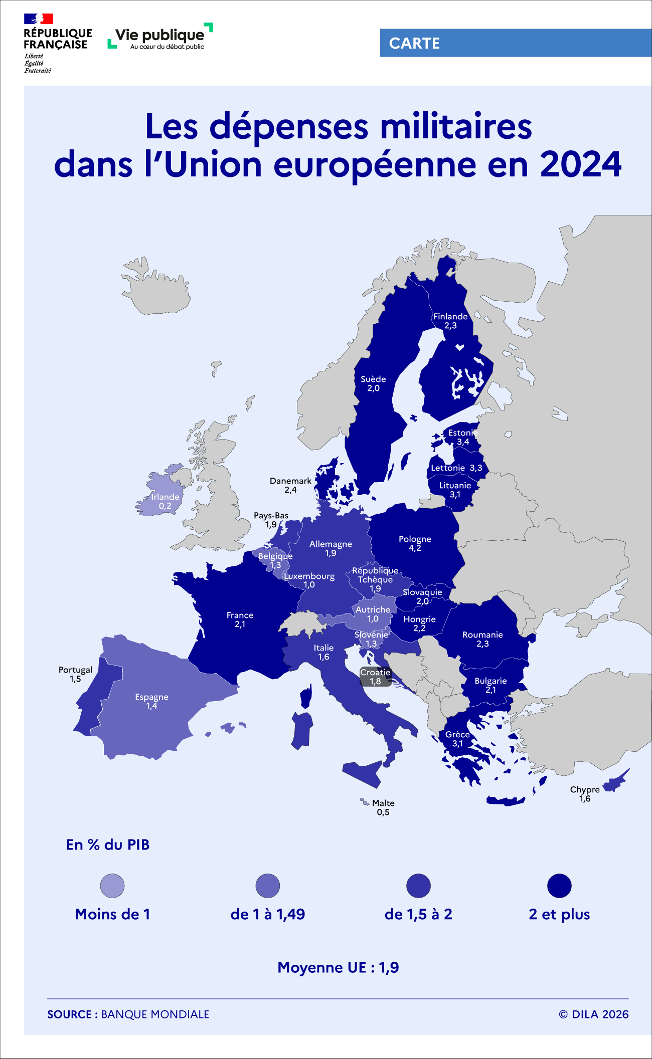 Carte des dépenses militaires dans l'Union européenne en 2024. 