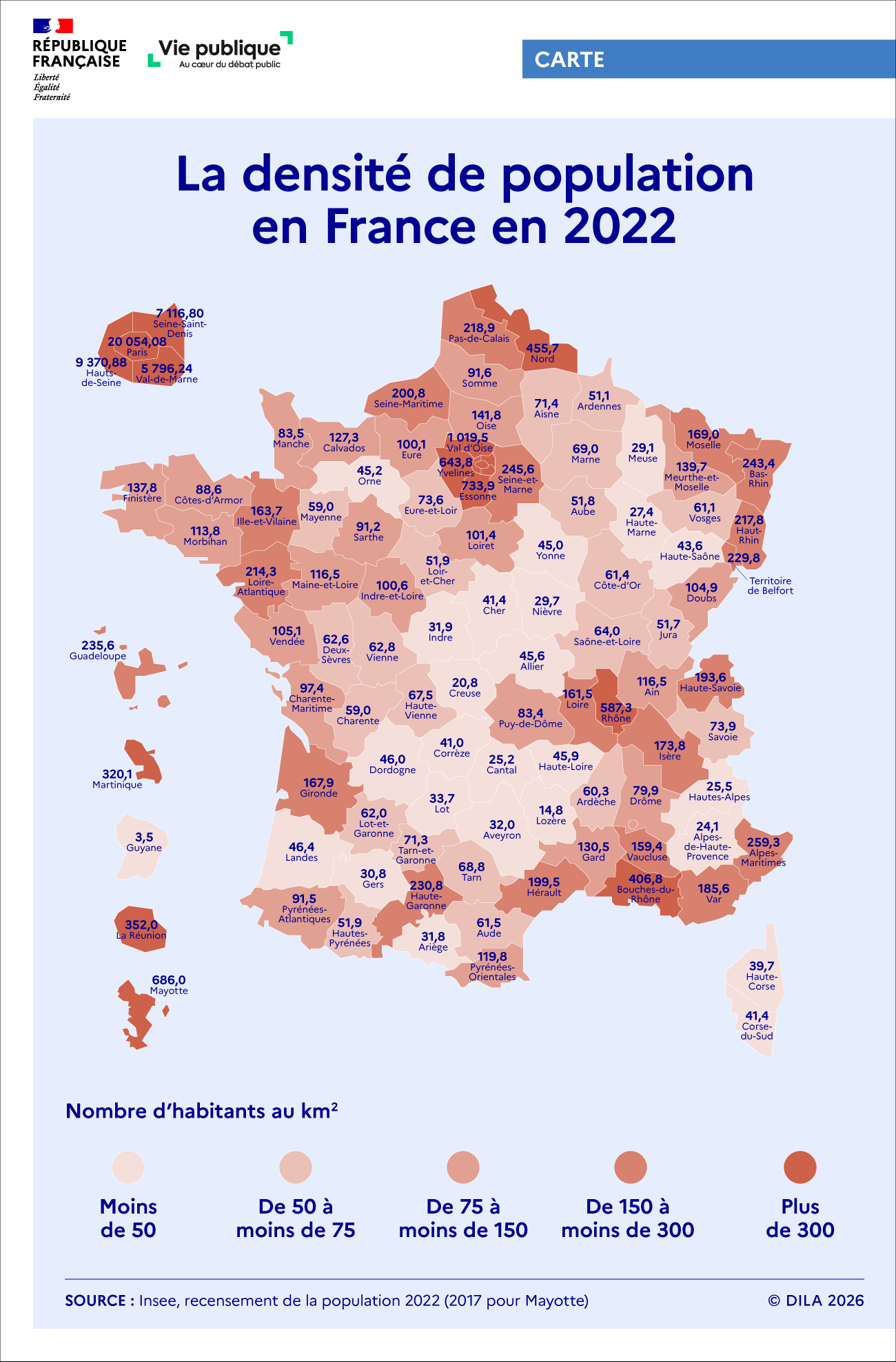 Carte de la densité de population en 2022.